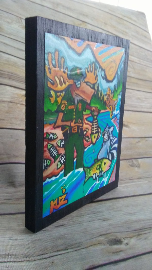Moose fish and game officer and raccoon wooden print panel