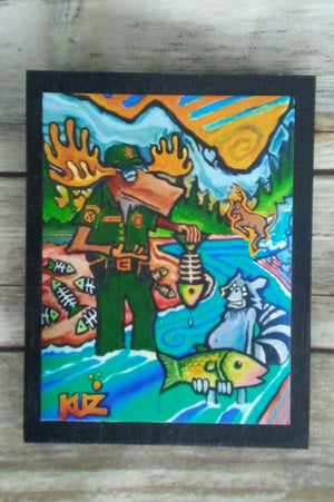 Moose Fish and Game Officer and Raccoon wooden Print Panel