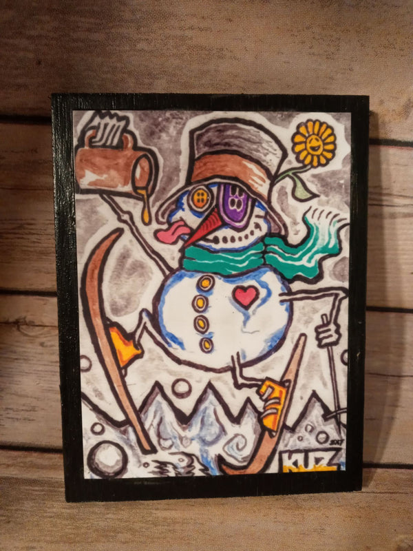 Thirsty The Snowman Wood Panel Print